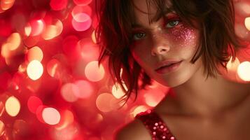 ai generado de cerca de morena con Brillantina maquillaje y rojo espumoso vestir en bokeh luces antecedentes. concepto para mascarada, día festivo, corporativo fiesta y la vida nocturna. foto