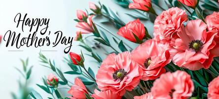 AI generated Panoramic banner with coral poppies and Happy Mothers Day text on a light background. Suitable for greeting cards, event banners, and floral shops photo