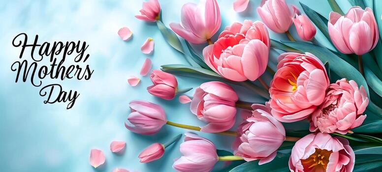 ai generado amplio bandera con flores y contento madres día texto en un ligero antecedentes. adecuado para saludo tarjetas, evento pancartas, y floral tiendas foto