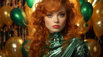 AI generated Young glamorous redhead woman with bright makeup in a green sequin dress on a festive background with balloons. Concept for masquerade, holiday, corporate party and nightlife photo