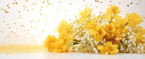 ai generado amarillo flores ramo de flores en un ligero antecedentes con Brillantina y Bokeh. bandera con Copiar espacio. ideal para póster, saludo tarjeta, evento invitación, promoción, publicidad, imprimir, foto