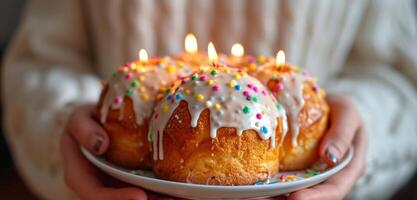 ai generado manos participación Pascua de Resurrección pastel kulich decorado con blanco goteo Formación de hielo, de colores asperja y ardiente velas borroso antecedentes. ideal para fiesta Pascua de Resurrección contenido, festivo celebraciones foto