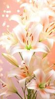 AI generated White lilies with a soft bokeh peach background. Perfect for poster, greeting card, event invitation, promotion, advertising, print, elegant design. Vertical format. photo