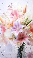 AI generated White lilies bouquet on light background with glitter and bokeh. Perfect for poster, greeting card, event invitation, promotion, advertising, elegant design. Vertical format. photo