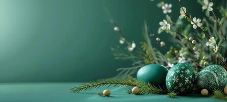 AI generated Easter composition with decorated eggs in shades of green with gold patterns in a wicker basket on a teal backdrop. Banner with copy space. Suitable for spring themes and holiday photo