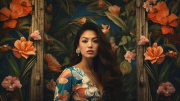 AI generated Portrait of an Asian woman against a floral backdrop. Vintage style. Tropical paradise. Ideal for beauty campaigns, cultural publications, and art prints. photo