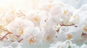 AI generated White orchids bouquet on light background. Perfect for poster, greeting card, event invitation, promotion, advertising, print, elegant design. photo