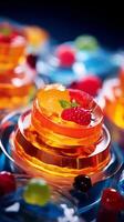 AI generated Fruit jelly garnished with berries. Sweet fruit dessert. For use in Catering display, dessert menu, food blogging, culinary presentations. Vertical format. photo