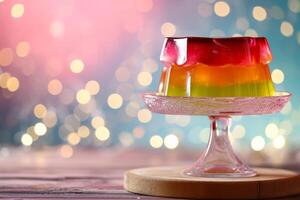 AI generated Colorful jelly on a plate with bokeh lights in the background. Sweet fruit dessert. For use in food blogs, catering services, recipe books, dessert menus, festive food promotions. photo