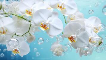 AI generated White orchids bouquet under light blue clear water with bubbles and droplets. Banner with copy space. for poster, greeting card, event invitation, promotion, advertising, print photo