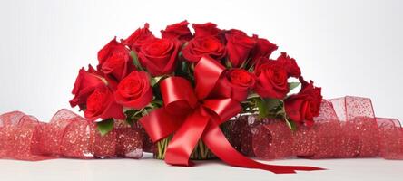 AI generated Red roses bouquet on a light background with glitter and bokeh. Banner with copy space. Perfect for poster, greeting card, event invitation, promotion, advertising, print, elegant design photo