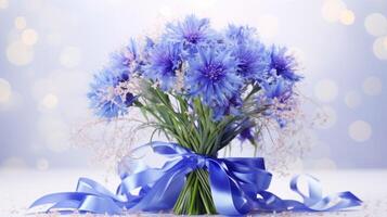 AI generated Blue cornflowers in full bloom on light background with glitter and bokeh. Perfect for poster, greeting card, event invitation, promotion, advertising, print, elegant design. photo
