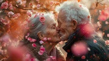 AI generated Affectionate elderly couple shares a heartfelt kiss amidst a soft background of pink rose petals, evoking everlasting love. Perfect for greeting cards and sentimental themes. photo