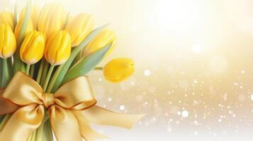 AI generated Yellow tulips bouquet with ribbon bow on light background with bokeh. Banner with copy space. Perfect for poster, greeting card, event invitation, promotion, advertising, print, photo