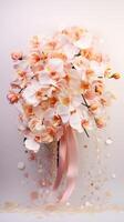 AI generated Peach orchids bouquet with ribbon bow on light background. Perfect for poster, greeting card, event invitation, promotion, advertising, elegant design. Present for Valentines day photo