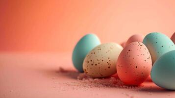 AI generated Festive Easter Eggs painted in different colors against a soft peach backdrop. Banner with copy space. Ideal for Easter themes, spring celebrations, and decorative purposes photo