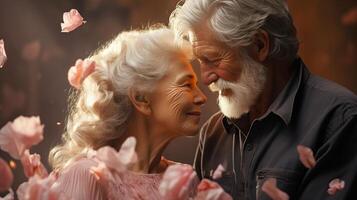 AI generated Affectionate elderly couple hugging tenderly amidst a soft background of pink rose petals, evoking everlasting love. Ideal for greeting cards and sentimental themes. Valentines day. photo