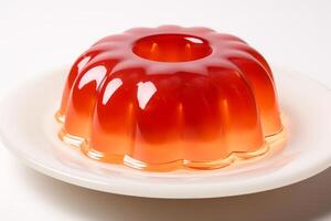 AI generated Red jelly dessert on clear white background. For use in nutritional guides, food blogs, catering services, recipe books, and dessert menus photo