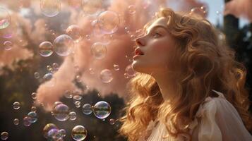 AI generated A young woman with curly hair surrounded by soap bubbles. Can be used in lifestyle, beauty campaigns, personal care ads. Concept of joy, carefreeness, natural allure photo