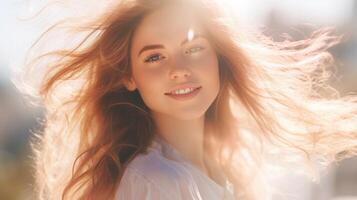AI generated Young beautiful woman with natural makeup in the sunlight. Happy lady enjoying the sun. Banner with copy space. Ideal for beauty, wellness, lifestyle campaigns or hair care photo
