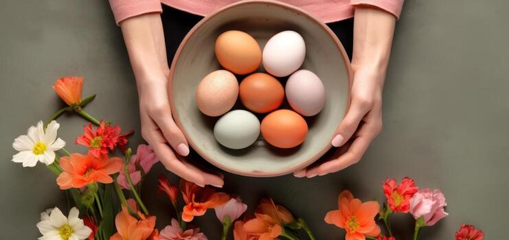 AI generated A gentle presentation of a bowl with multi-hued Easter eggs, encircled by fresh blooms, on a muted backdrop. Great for lifestyle magazines or festive spring articles photo