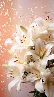 AI generated White lilies with a soft bokeh peach background. Perfect for poster, greeting card, event invitation, promotion, advertising, print, elegant design. Vertical format. photo