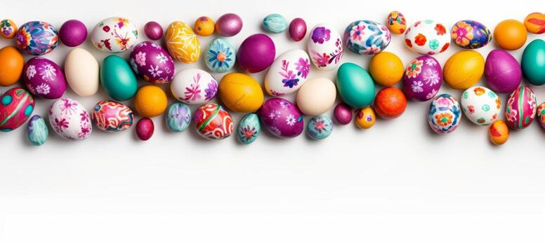 AI generated Decorative Easter eggs arranged linearly on white background. With copy space. Can be featured in festive content and holiday-themed visuals photo