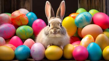 AI generated Easter bunny surrounded by many colorful brightly painted eggs. Festive Rabbit. For greeting card, invitation, postcard, poster, web design. Ideal for Easter celebrations photo