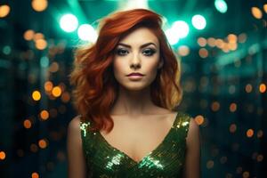 AI generated Lady with fiery hair, sparkling green outfit, bokeh lights background. Concept for masquerade, holiday and corporate party. Fits entertainment and glamour advertising. photo