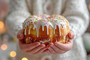 AI generated Childs hands holding a decorated Easter cake Kulich with icing and colored sprinkles. Blurred background. Ideal for bakery ads, holiday Easter content, or recipe blogs photo