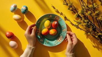 AI generated Colorful assortment of Easter eggs in blue-green dish, cradled by hands with a bright yellow floral backdrop. Top view. Perfect for holiday-themed advertisements, DIY tutorials, or festi photo
