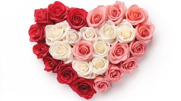 AI generated Floral Heart. Pink, red and white roses arranged in a heart shape on a white background. Perfect for Valentines Day, anniversaries, or romantic occasions photo