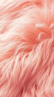 AI generated Trendy Peach fur texture. Fashionable color. Dyed animal fur. Concept of Softness, Comfort and Luxury. Ideal for Background, Fashion, Textile, Interior Design. Fluffy backdrop. Vertical. photo