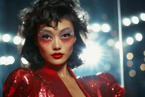 AI generated Asian woman with retro makeup and sequined jacket against lights. Concept for masquerade, holiday and corporate party. Ideal for beauty campaigns and retro fashion spreads. photo