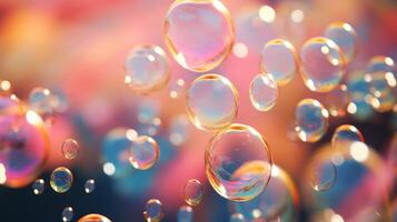 AI generated Close up of soap bubbles with colorful reflections. Can be used as backgrounds, relaxation themes. concept of wonder, simplicity, playfulness and joy photo