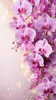 AI generated Purple pink orchids bouquet on light background with glitter and bokeh. Banner with copy space. Perfect for poster, greeting card, event invitation, promotion, advertising, elegant design photo