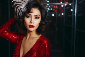 AI generated Asian woman with retro makeup and sequined jacket against lights. Concept for masquerade, holiday and corporate party. Ideal for beauty campaigns and retro fashion spreads. photo