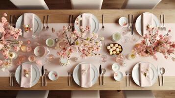 AI generated Pastel Easter table setup with eggs and spring flowers. Top view. Pink colors. Festive dinner. photo