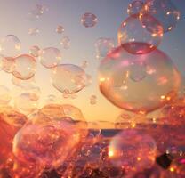 AI generated Soap bubbles against a sunset, glowing with a warm light. Can be used as a background for festive occasions, relaxation themes. Concept of celebration, serenity, imagination. photo