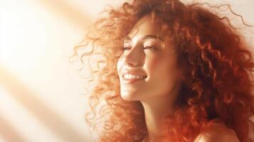 ai generado retrato de un mujer con Rizado pelo con natural maquillaje en el luz de sol. contento dama disfrutando el Dom. bandera con Copiar espacio. ideal para belleza o pelo cuidado anuncios foto