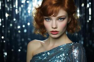 AI generated Young glamorous redhead woman with bright makeup in a blue sequin dress on a sparkling background. Concept for masquerade, holiday, corporate party and nightlife photo