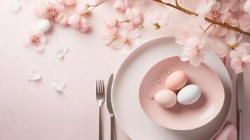 AI generated Elegant spring table decor with cherry blossoms and pastel eggs. Top view. Pink colors. Easter dinner. Copy space. photo