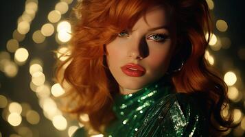 AI generated Young glamorous redhead woman with bright makeup in a green sequin dress on a sparkling background. Concept for masquerade, holiday, corporate party and nightlife photo