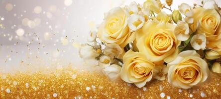 AI generated Yellow roses bouquet on a light background with glitter and bokeh. Banner with copy space. Ideal for poster, greeting card, event invitation, promotion photo