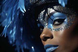 AI generated Young African American woman with bright makeup in a blue masquerade mask. Close up. Concept for masquerade, holiday and corporate party. Ideal for fashion, event promotions, photo