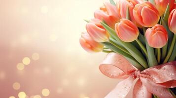 AI generated Peach pink tulips bouquet with ribbon bow on light background with bokeh. Banner with copy space. Perfect for poster, greeting card, event invitation, promotion, advertising, print, photo