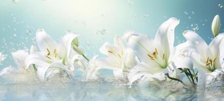 AI generated White lilies under light blue clear water with bubbles and droplets. Banner with copy space. Perfect for poster, greeting card, event invitation, promotion, advertising, print photo