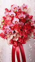 ai generado orquídeas y rosas ramo de flores con cinta arco en ligero antecedentes. Perfecto para póster, saludo tarjeta, evento invitación, promoción, publicidad, elegante diseño. presente para san valentin día foto