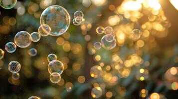 AI generated Close-up of reflective soap bubbles among leaves, with a warm bokeh background. Conveying lightness and wonder. Suitable for joy-themed decor photo