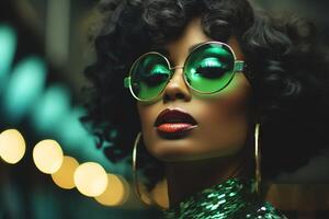 AI generated Young African American woman with bright makeup and sunglasses in a green attire. Close up. Concept for masquerade, holiday and corporate party. Ideal for fashion, event promotions, photo